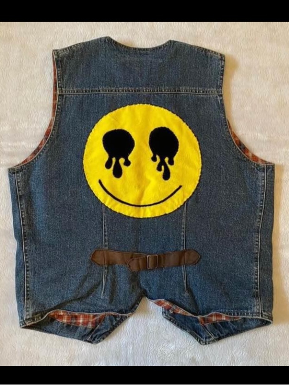 Denim Vest with Yellow Dripping Smile Patch